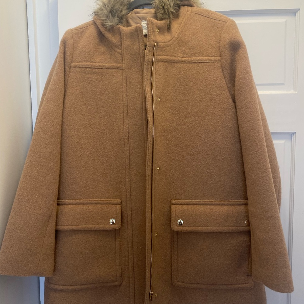 Elegant Tan Pea Coat with Faux Fur Collar